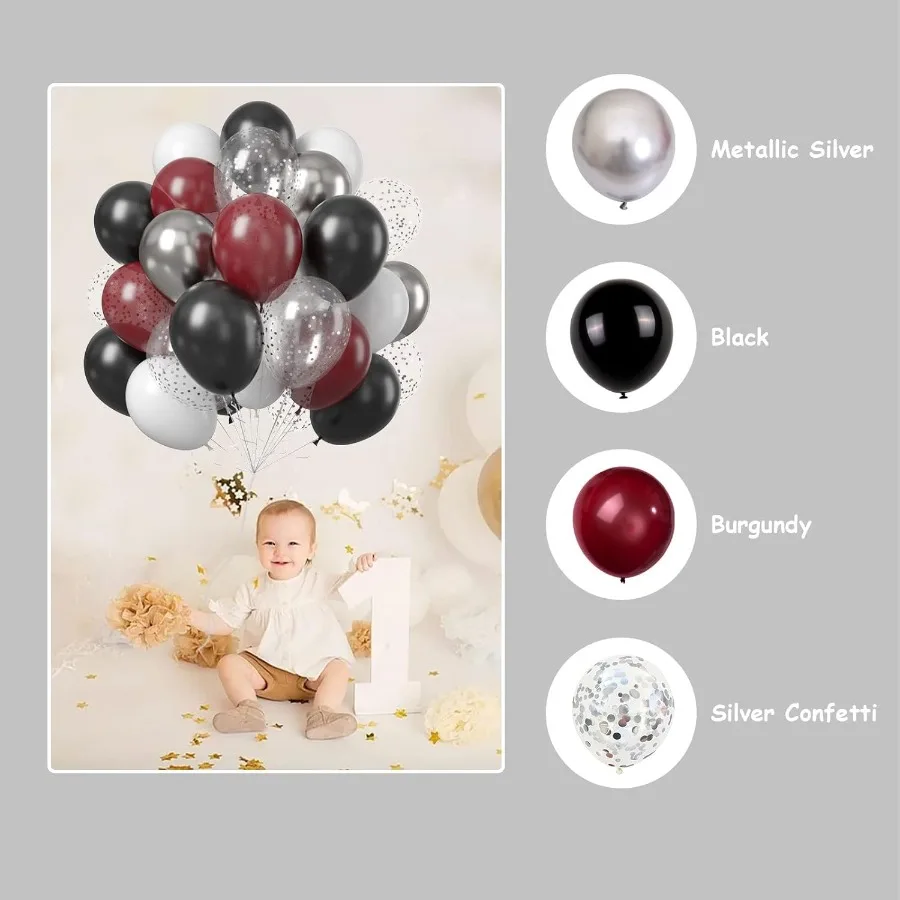 Ballons bordeaux noir argent vin rouge noir ballon de fête marron métallique Chrome argent ballons et confettis argentés hélium L