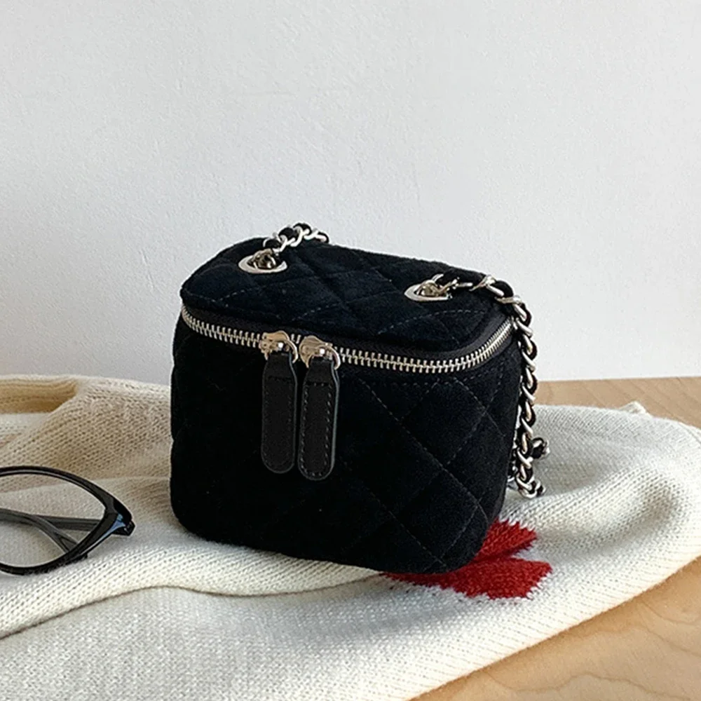 

Mini Faux Suede Crossbody Bags for Women 2025 New Luxury Designer Box Bag Lingge Chains Shoulder Bag Lipstick Coins Sling Purse