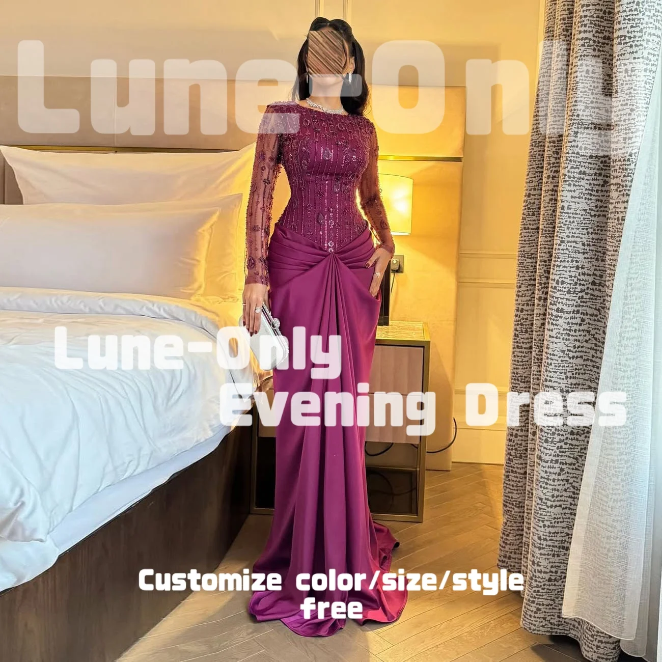 

Customized Fuchsia Glitter Sequins Beads Long Sleeve Women Evening Dresses Elegant Party Gown Pleats Birthday Prom Formal Dress