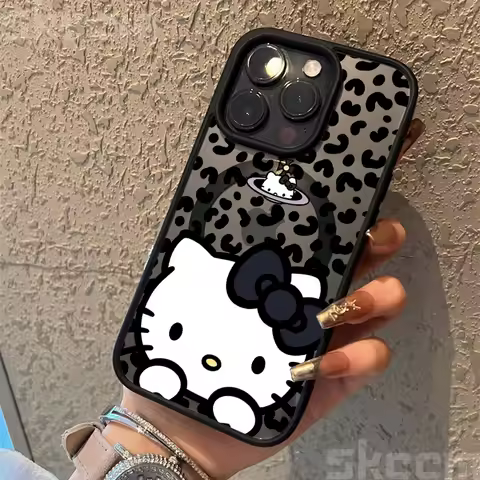 Black Leopard Print HelloKitty Phone Case For Samsung Galaxy S25 S24 S23 S21 S20 Ultra Plus FE Magnetic Wireless Charge Cover