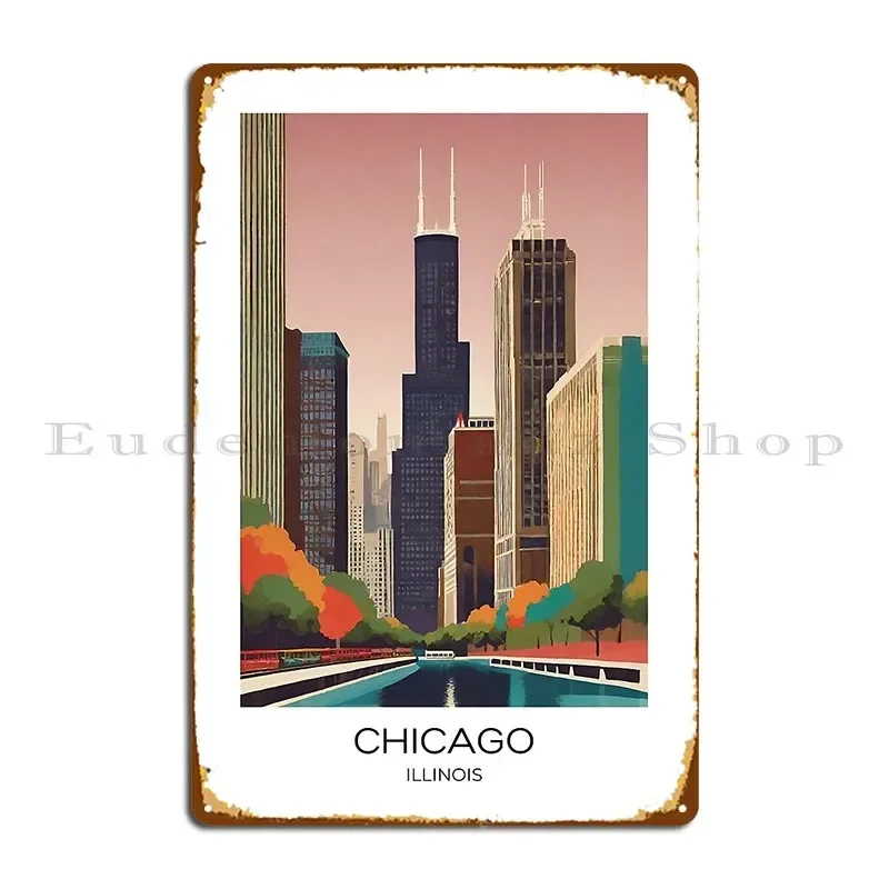 Chicago Travel Poster Colorful And High Resolution 300 Dpi Metal Plaque Wall Decor Customized Pub Cinema Garage Tin Sign Poster