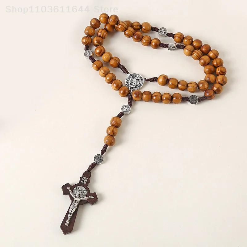 الخشب الخرز الوردية الصليب قلادة للنساء الرجال المسيحية مريم العذراء INRI سلسلة بدلاية مجوهرات الدين الموضة