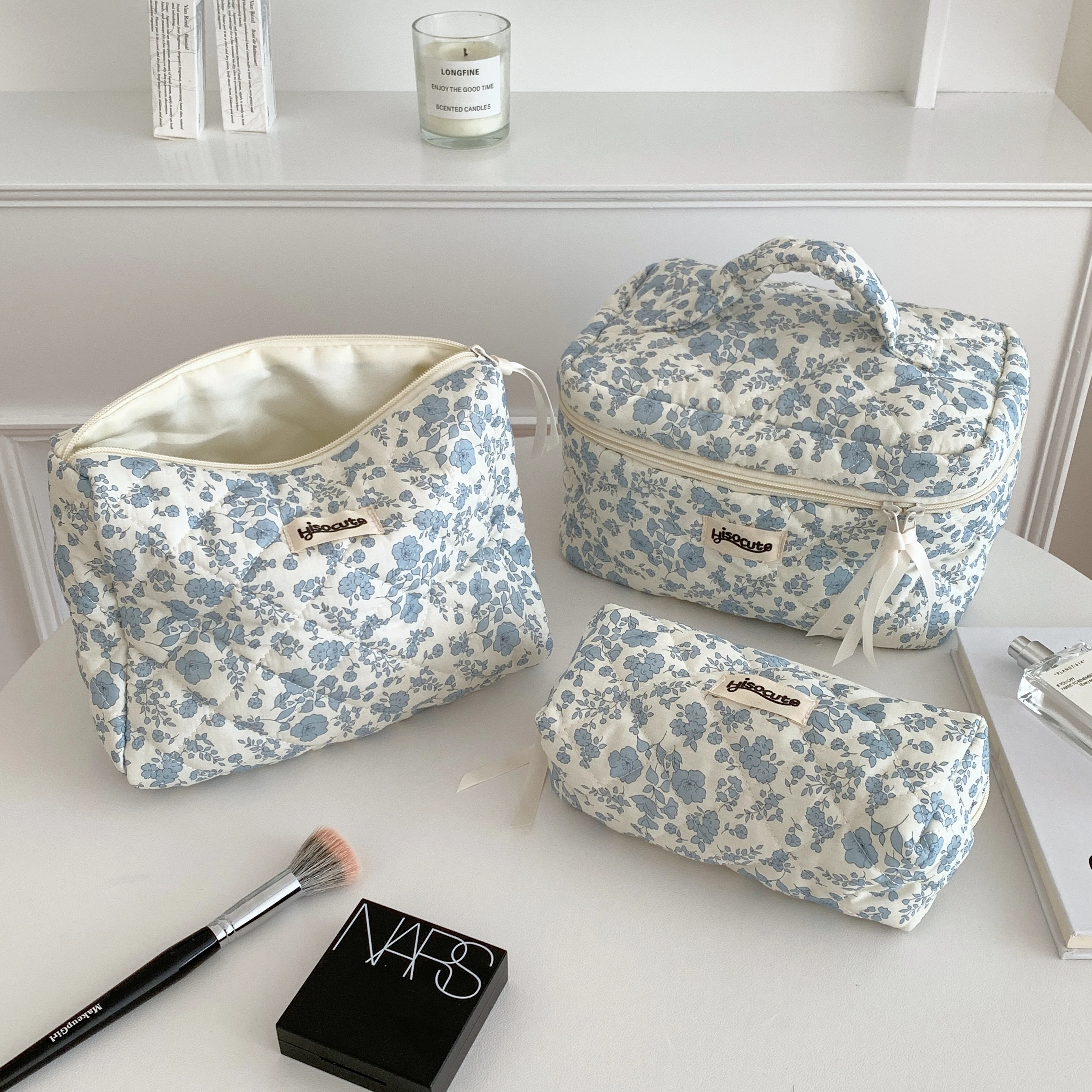 3pcs Cotton Flower Women Cosmetic Bag Fabric Storage Bags Big Capacity Travel Organzier Pouch Women Makeup Case