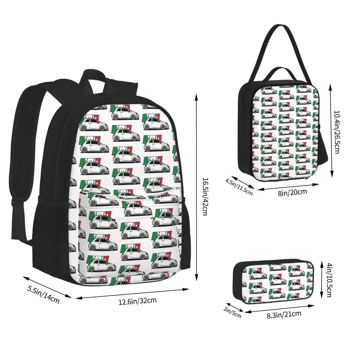 

Fiat 500 Abarth Backpacks Boys Girls Bookbag Students School Bags Kids Rucksack Lunch Bag Pen Bag Three-Piece Set