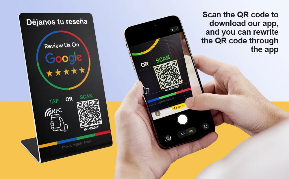 Spanish English QR Code NFC Standing Sign Google Review NFC215 Review Stand Click URL Unlimited Modification Editing QR Codes