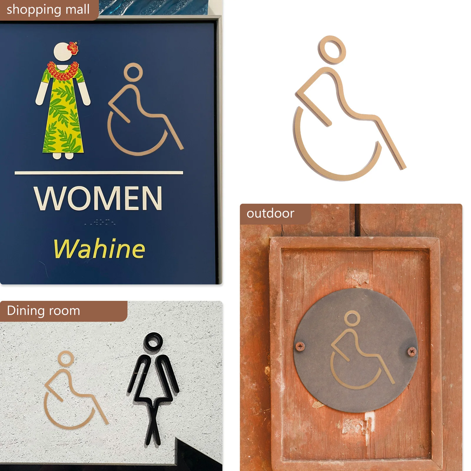 شارات الحمام للإعاقة، علامة ذهبية قابلة للوصول إليها للكرسي المتحرك، ملصق باب مرحاض من الأكريليك المقاوم للماء لمطعم المكتب #6