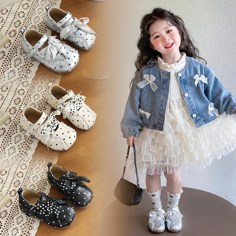 JGSHOWKITO Toddler Girls Polka Dot Mary Jane Shoes Princess Sweet Children Leather Shoes with Bow Kids Causal Party Flat Shoes