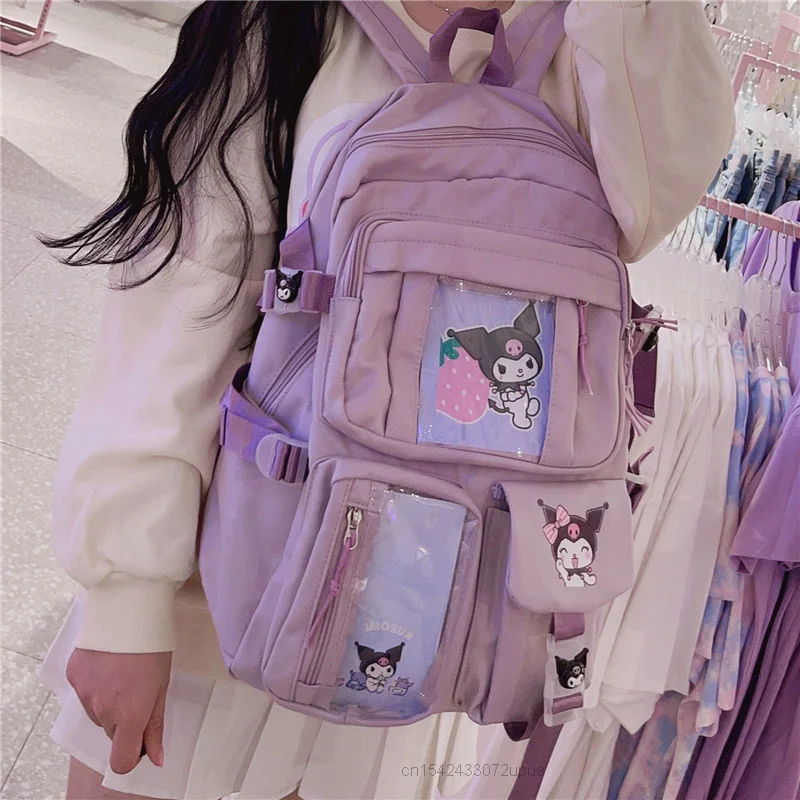 Mochila Sanrio Cartoon para estudantes, mochila feminina de grande capacidade, bolsa de ombro estética, estilo coreano, nova, roxa, Kuromi, Y2k