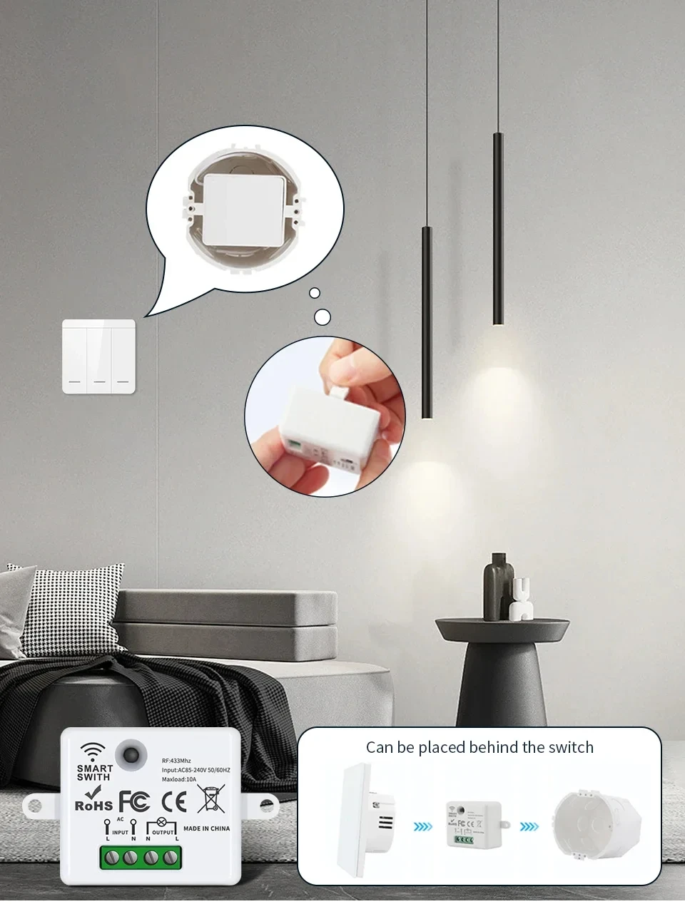 KEBIDUMEI RF 433MHz Drahtloser Fernbedienungs-Lichtschalter AC 220V 110V 10A Controller EIN/AUS-Sender Relais-Empfänger für LED – Detail 6