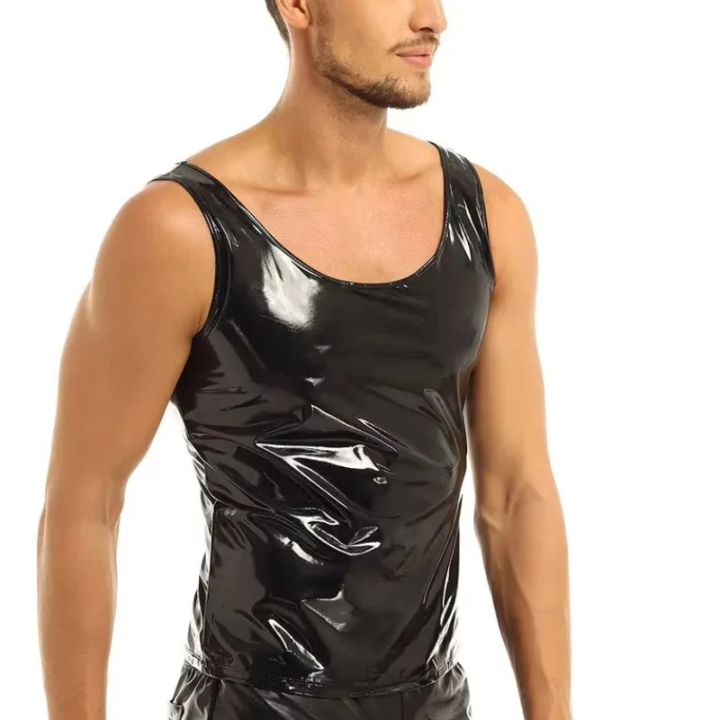 Men's Performance Clothes Men's Sexy PVC Bright Leather Vest Nightclub Fan Mirror Close-fitting T-shirt Boys