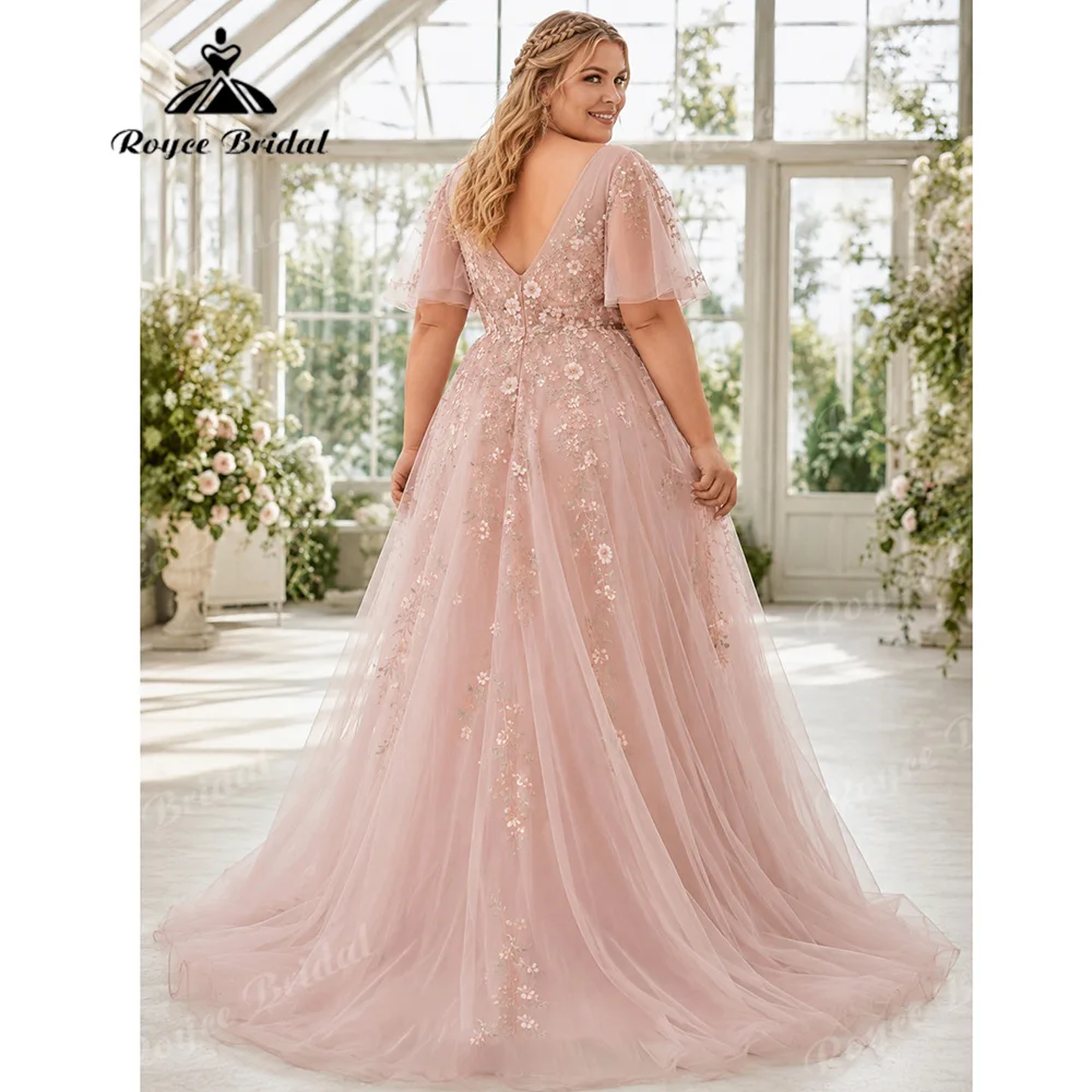 2027 Plus Size Blush Pink A Line Wedding Dress V Neck Flutter Short Sleeve Tulle 3D Floral Embroidery Vestido De Novia Customize