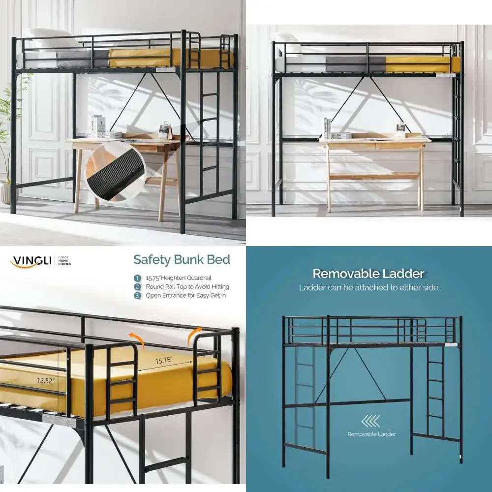سرير علوي معدني شديد التحمل بحجم مزدوج مع سلم مسطح للأطفال والمراهقين والكبار - سرير بطابقين فردي بطول 71 بوصة للمنزل والدورمي #1