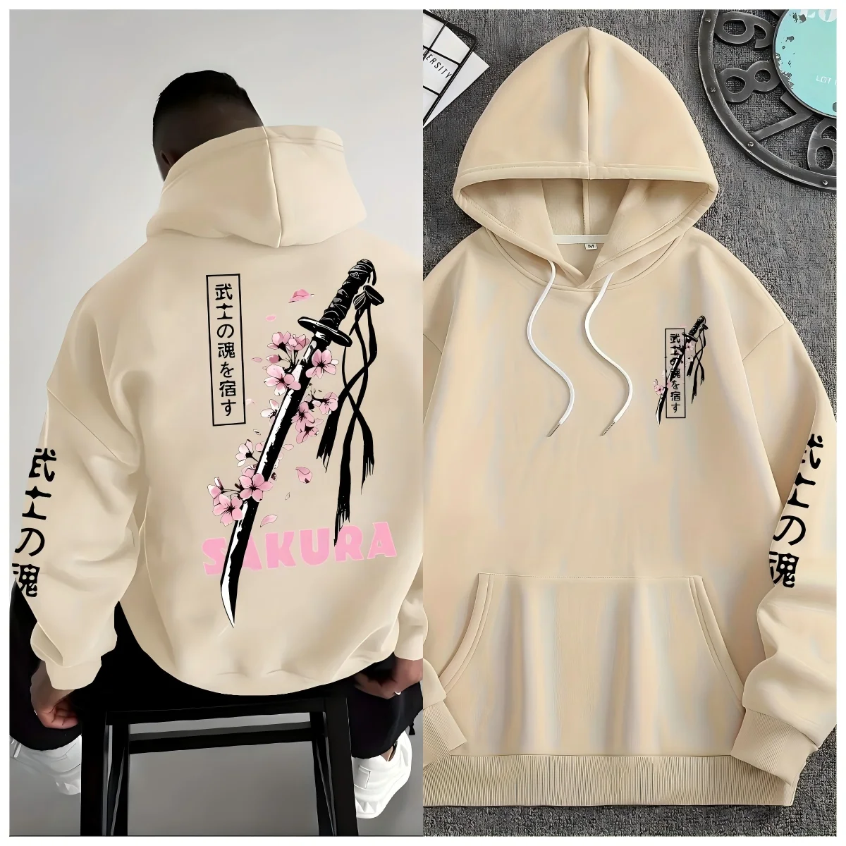 سترة خريفية عصرية للرجال من زهر الكرز بطباعة سيف الساموراي مريحة وناعمة بقلنسوة في الهواء الطلق على طراز الشارع