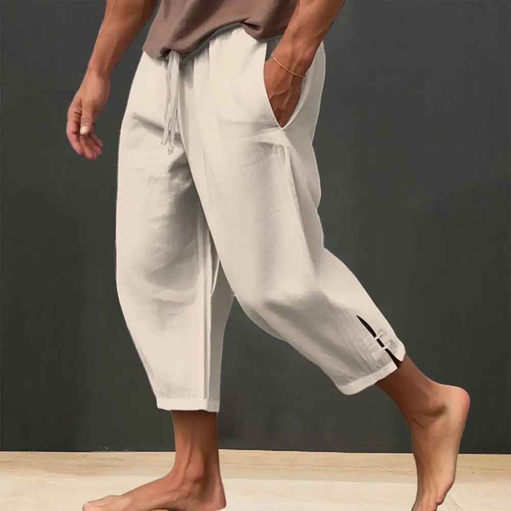 

Breathable Beach Trousers Men's Drawstring Cropped Pants with Elastic Waist Deep Crotch Soft Breathable Summer for Vacation