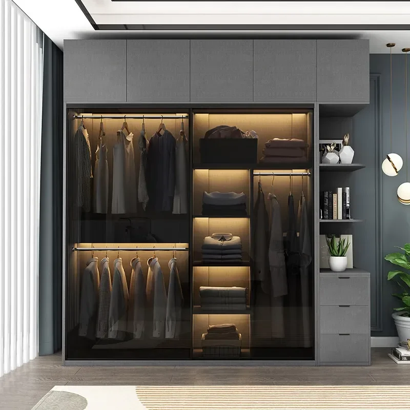 Bedroom Glass Sliding Door Wardrobe Clothes Storage Cabinet Closet Double Wardrobe Cabinets Wardrobes Furniture Modern Simple