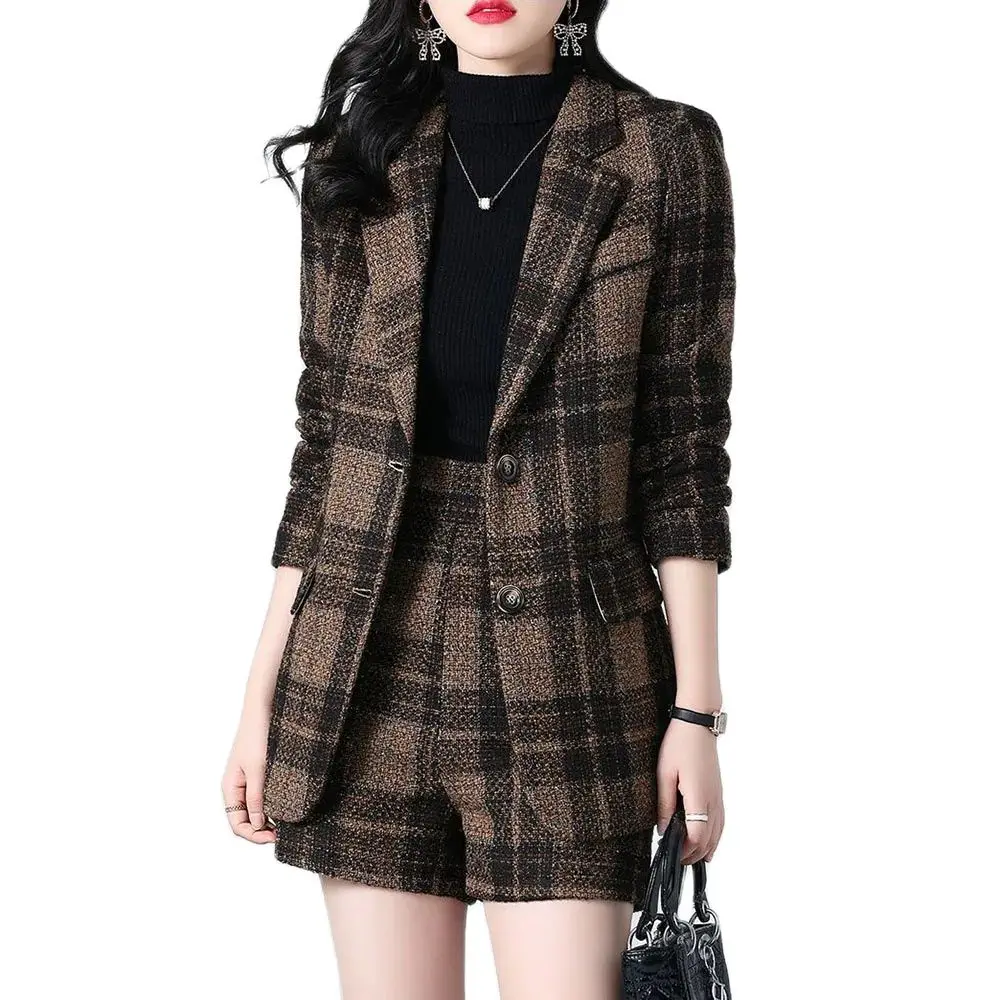 Plaid Woolen Suit Women's Shorts Suit 2024 Spring And Autumn New High-grade Fashion Temperament Leisure Western-style Two-Piece