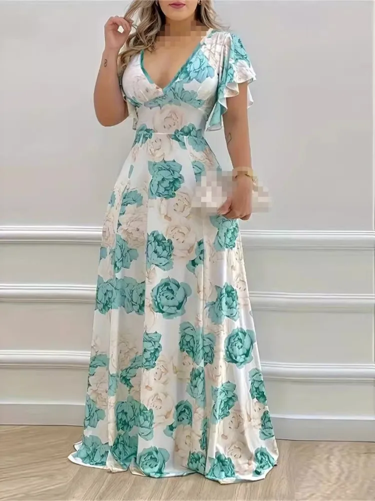 

New Women Elegant Chiffon Deep V-neck Floral Pattern Butterfly Sleeves Maxi Beach Breathable Vacation Fashion Dresses