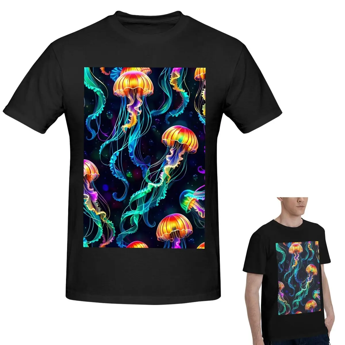 

100% Cotton Psychedelic Bioluminescent Trippy Jellyfish T-Shirt Men's Fashion Oversized T Shirt Men Round Neck Shirts Tops S-6XL