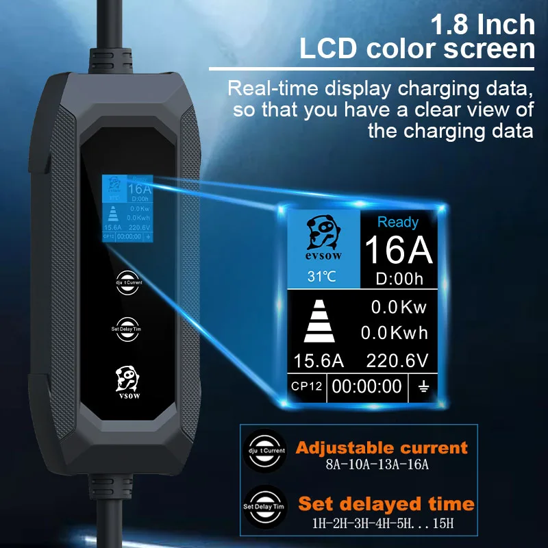 evsow Tragbares EV-Ladegerät Typ2 3,5 kW 16 A einphasiges Elektroauto-Ladegerät, einstellbarer Strom und eingestellte Ladezeit EVSE Wallbox