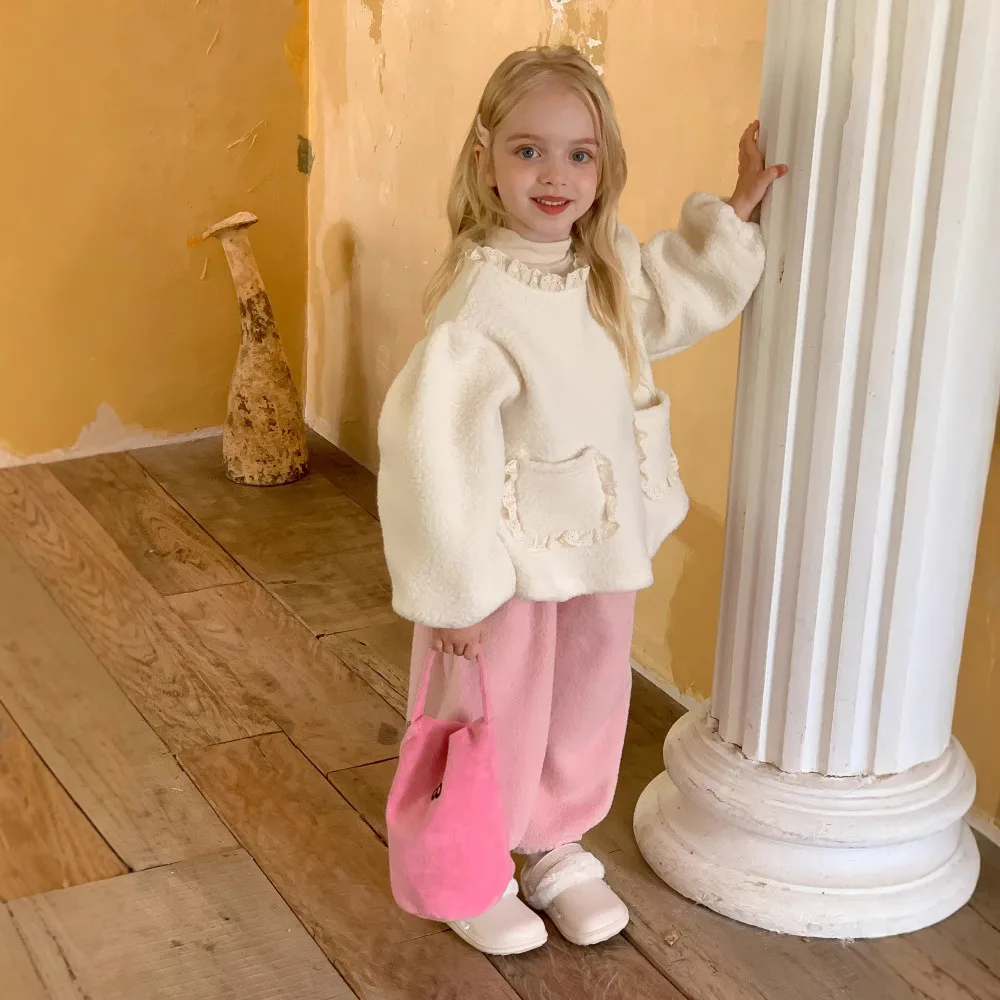 Autumn Winter Children Girl Thicken 2PCS Clothes Set Lace Collar Velvet Kid Girl Pullovers Pink Loose Toddler Girls Jogger Pants image 2