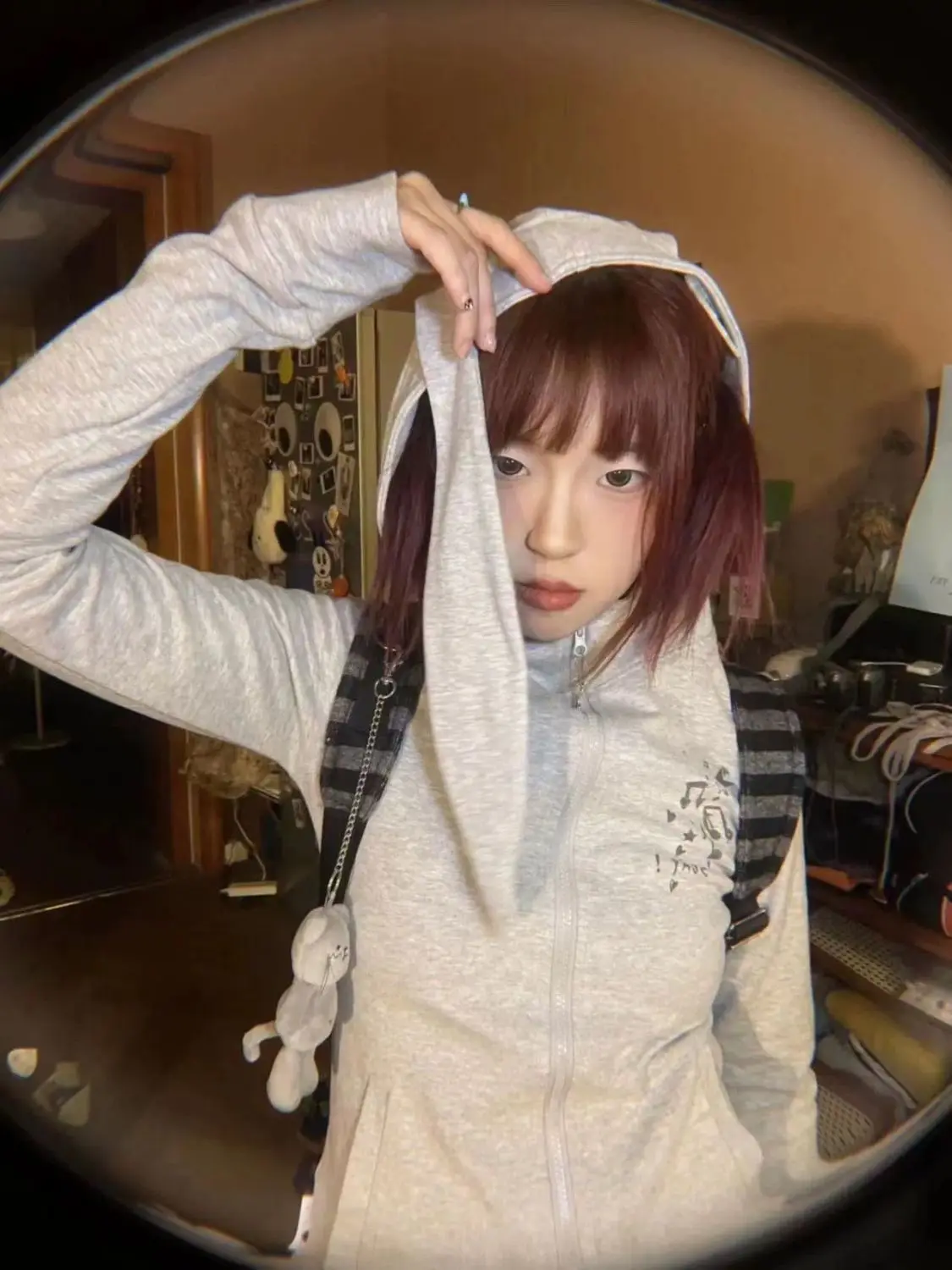 

2024 Japanese Y2k Hooded T-shirt Vintage 2000s Style Rabbit Ears Zipper Tops Harajuku Long Sleeve Thin Jacket Korean Popular