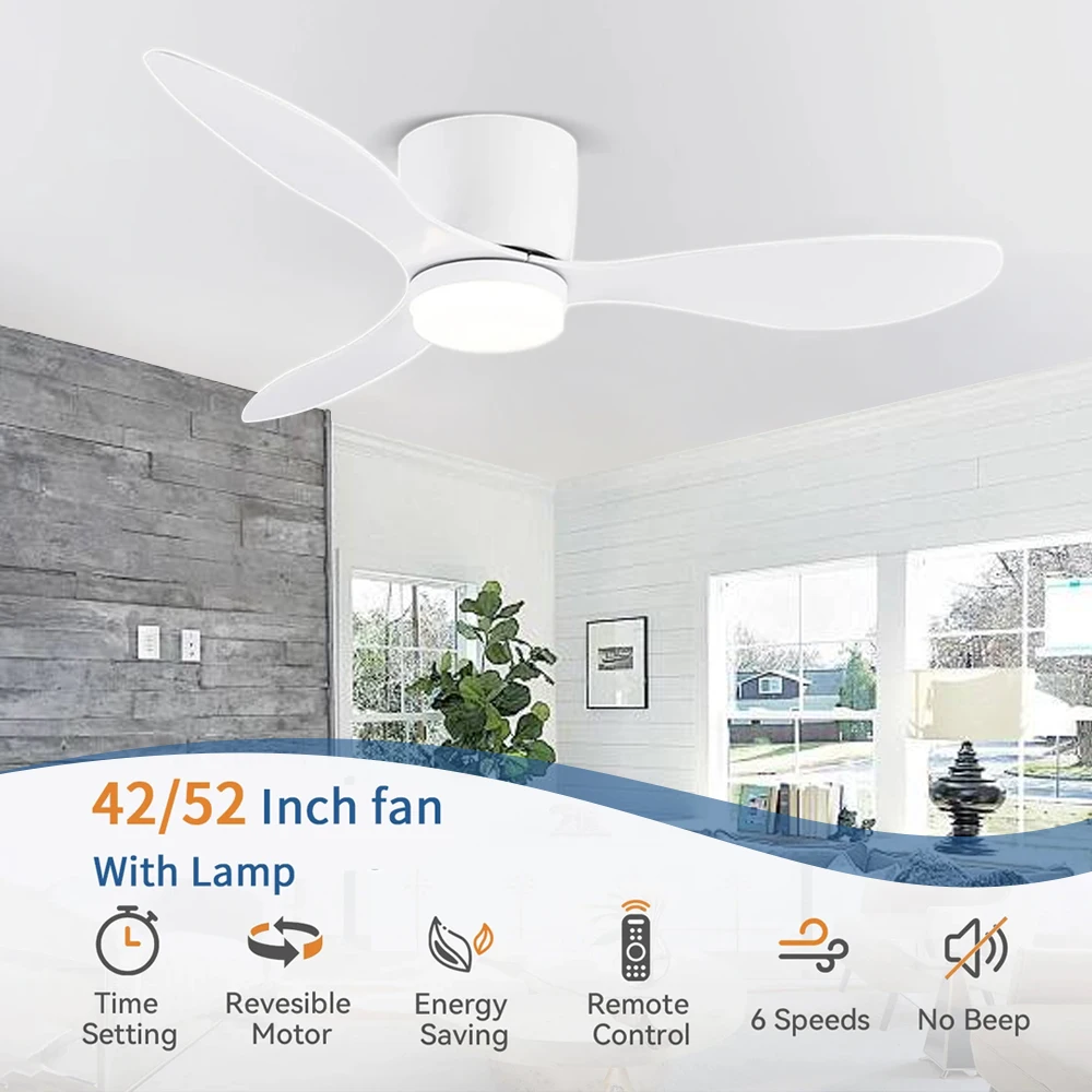 

42Inch Low Profile Mount Ceiling Fan Light with 3 Colors, 6 Speeds, Timing, Ceiling Fan with Remote Control Bedroom Dining Room