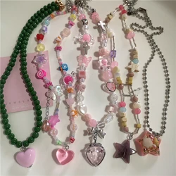Y2K Goth Pink Cute Bowknot Love Strawberry Bead Necklace Neck Decoration Grunge EMO 2000s Aesthetic Scene Accessories For Girl