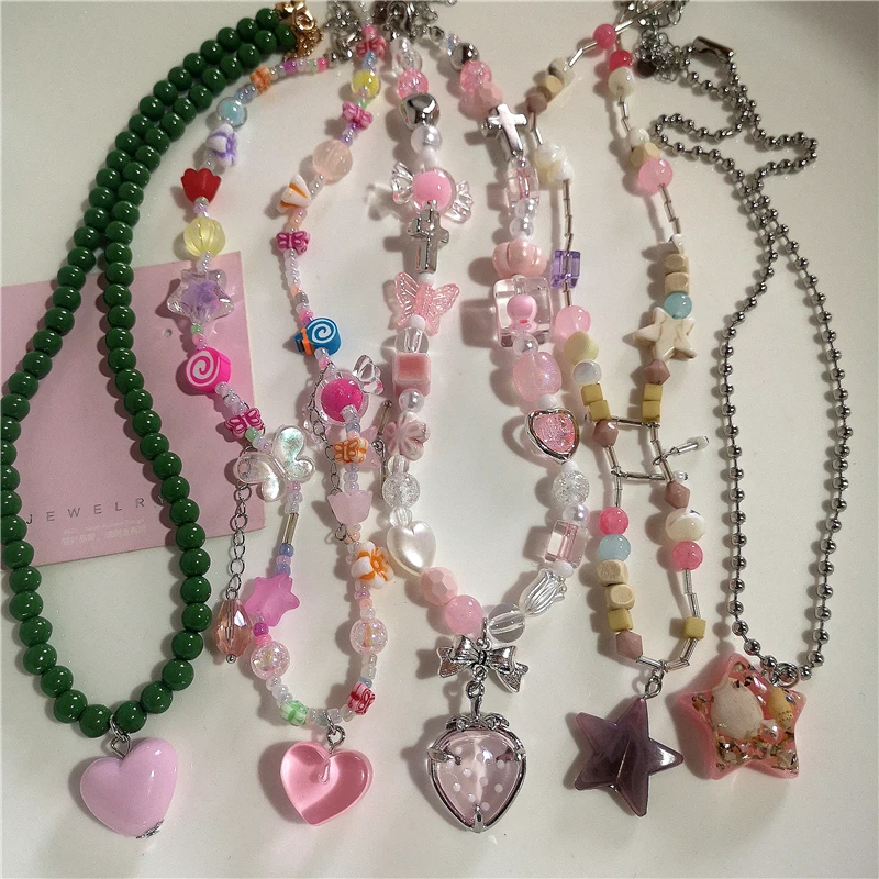 Y2K Goth Pink Cute Bowknot Love Strawberry Bead Naszyjnik Dekoracja szyi Grunge EMO 2000s Estetyczna scena Akcesoria dla dziewczynki