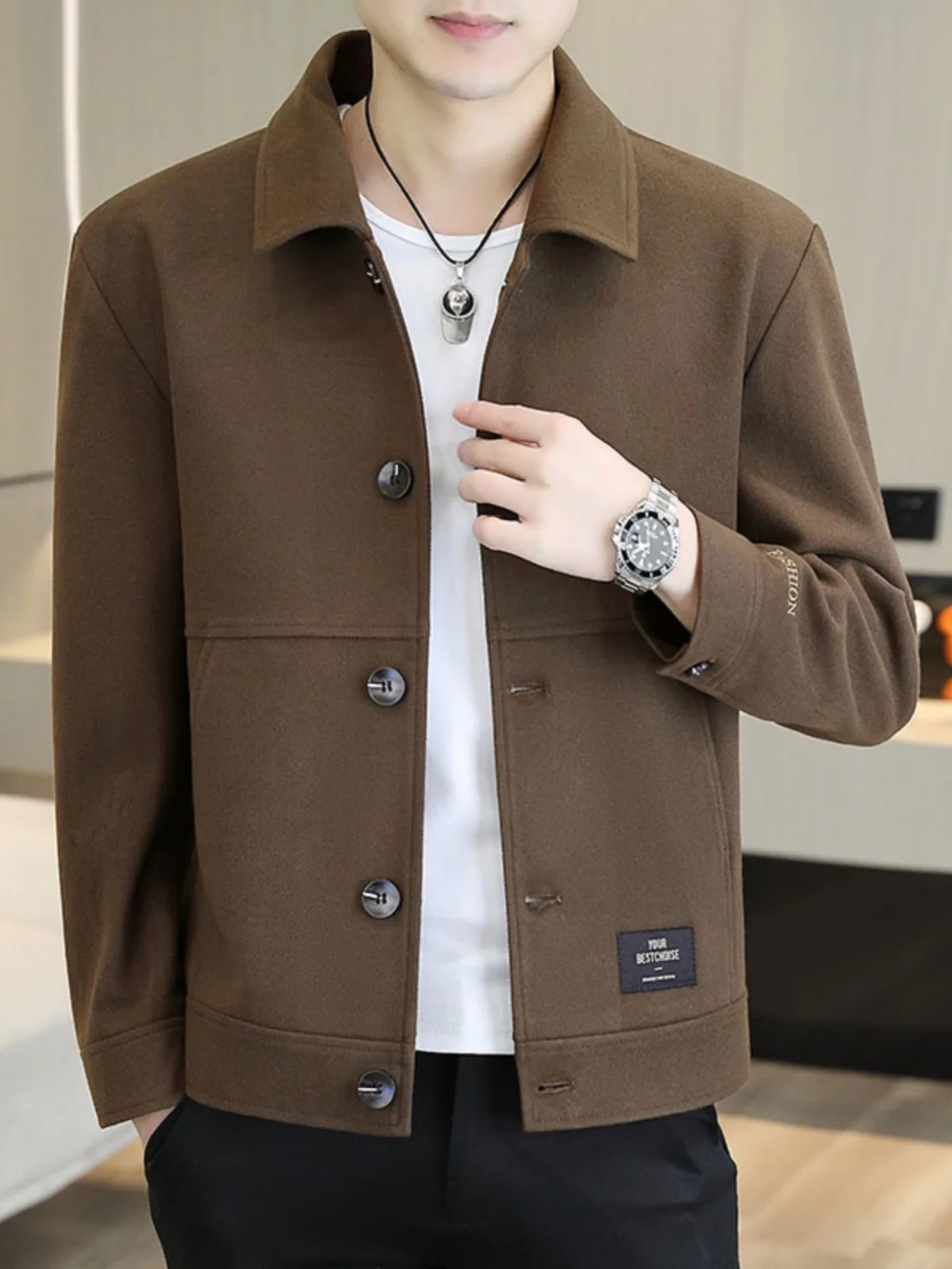 

Мужская шерстяная куртка-ветровка из тёплой шерсти, осенне-зимняя, модная, молодёжная, стильная, двубортная, однотонная, из полиэстера...