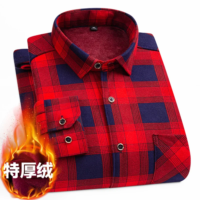 7XL 8XL plus fleece thickened men\'s shirt Long sleeve Autumn winter plaid non-ironing slim fit casual fashion plus size