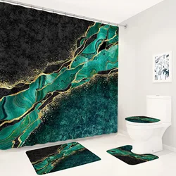 Emerald Green Marble Shower Curtain Set Luxury Gold Crack Black Texture Print Bathroom Decor Non-Slip Rugs Toilet Cover Bath Mat