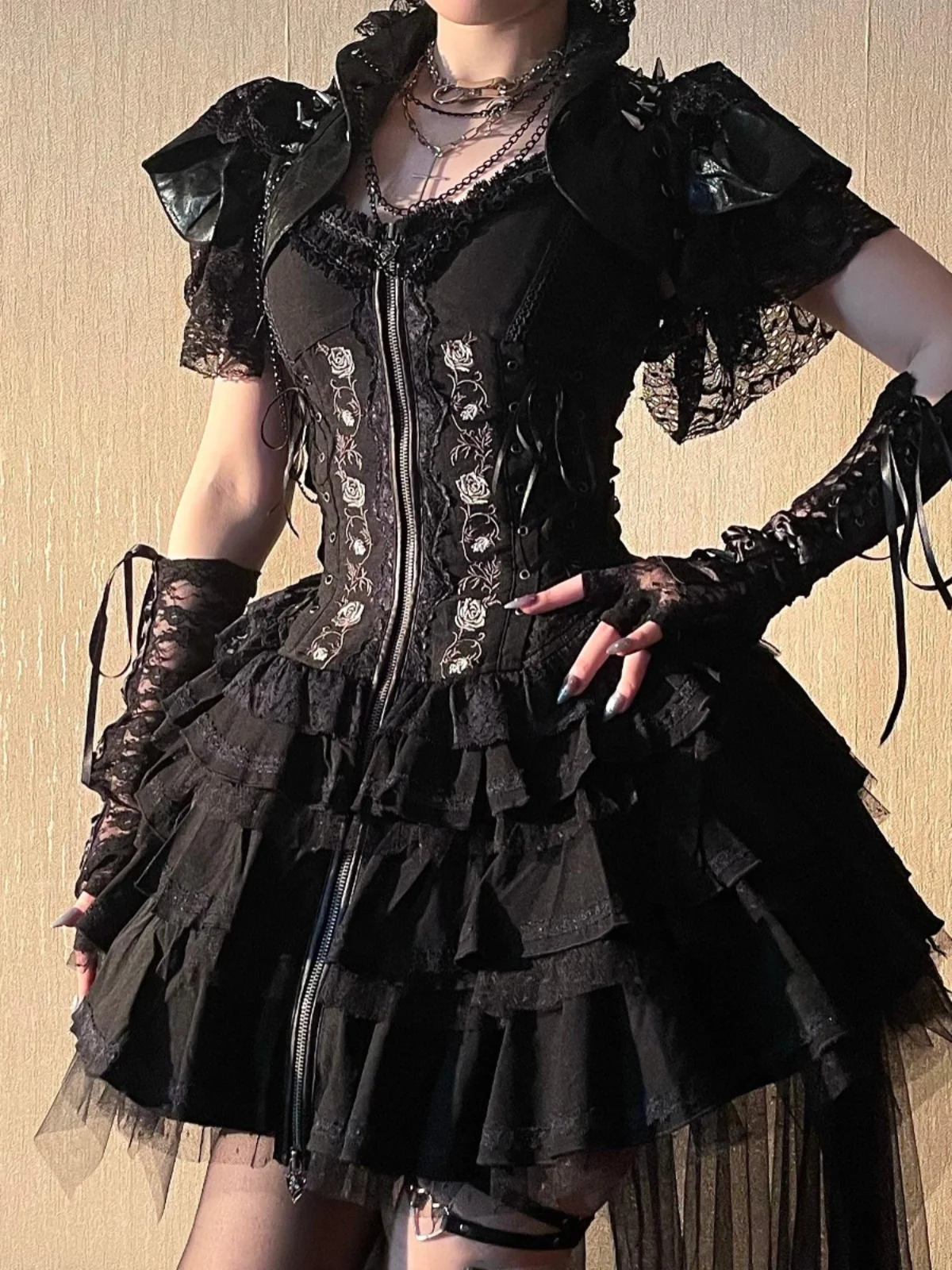 Original Lolita Kleid Set Damen Slim Elegant Gothic Punk Reißverschluss V-Ausschnitt Vintage Hosenträgerkleid + Hemd Set Sommer Zweiteiliges Set