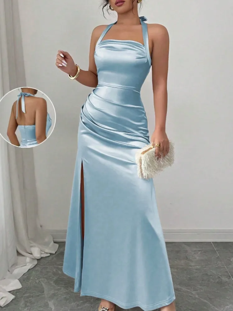 

SKMY Temperament Backless Bag Hip Split Slim Fit Dress 2026 Spring New Women Clothing Solid Color Lace-Up Party Long Dresses