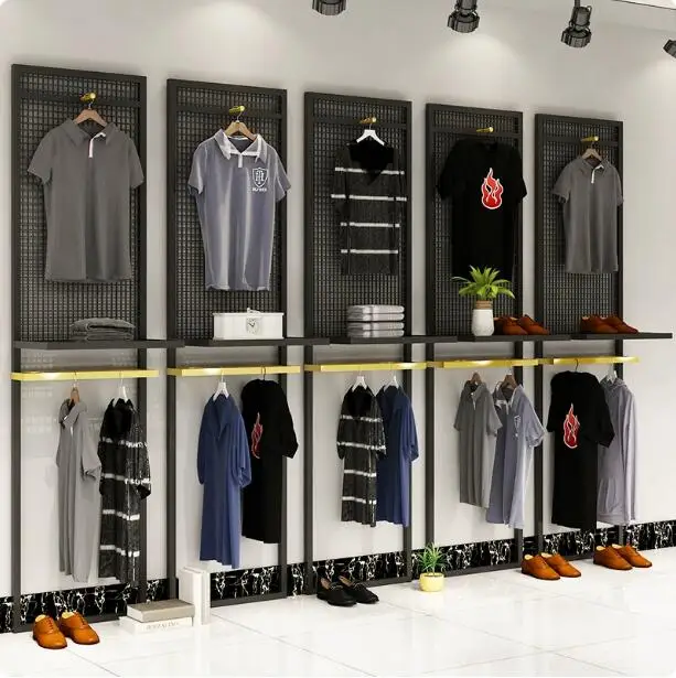 

Стеллаж для фоновой панели магазина одежды, полка для сетчатой панели магазина мужской одежды, напольная настенная вешалка