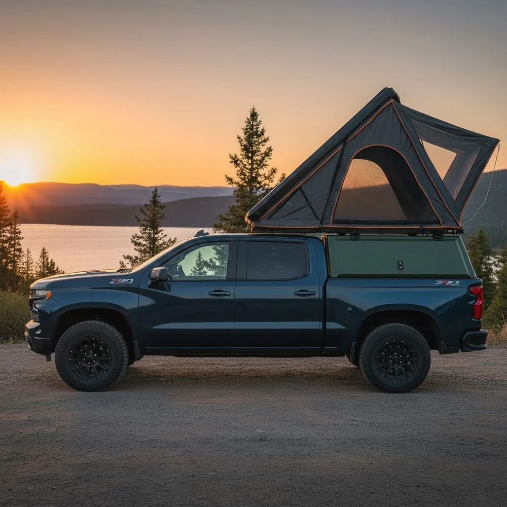 

Lightweight Triangle Hardshell Roof Tent Clamshell Rooftop Tent 2 Person Aluminum Car Camping Hard Shell Roof Top Tent
