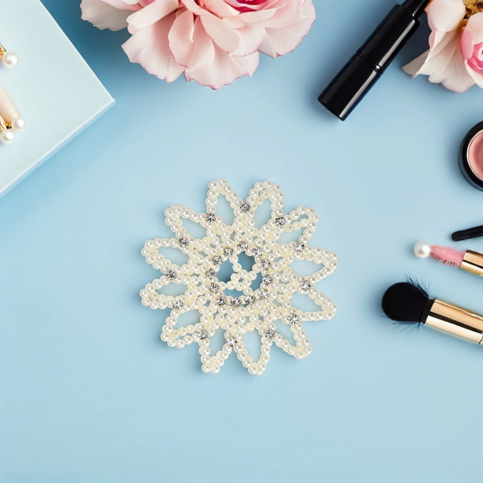 

2Pcs Pearl Rhinestone Ballet Hair Net Bun Cover Handmade Crochet Elastic Snood for Women Dance Recital Performance