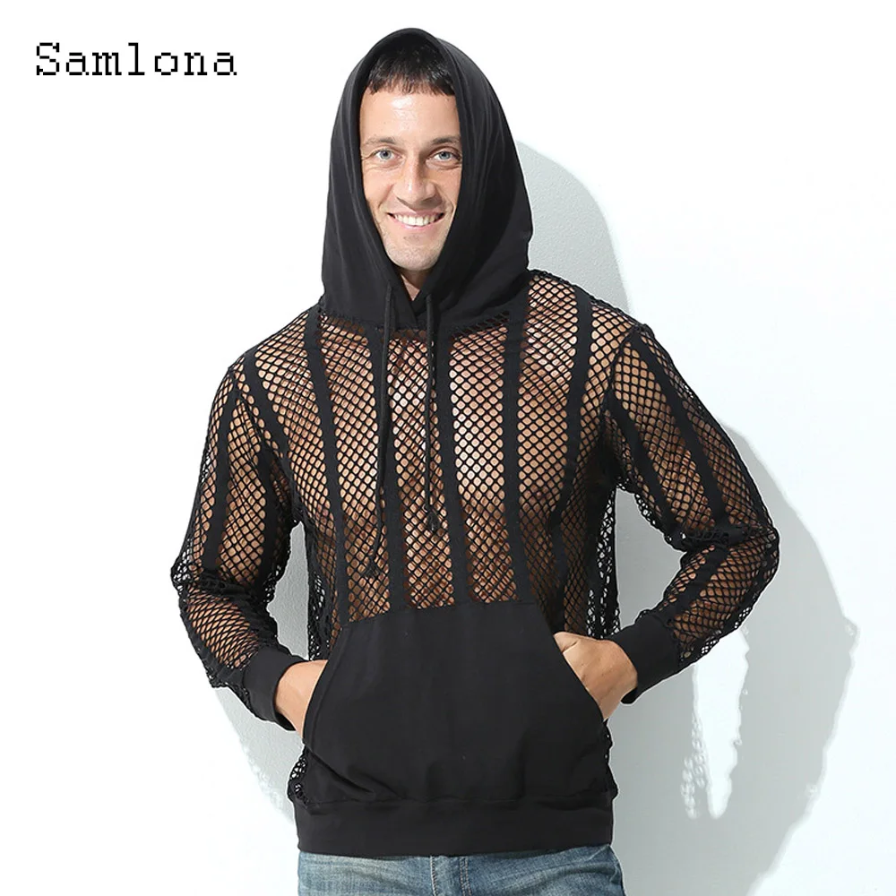 Felpa da uomo trasparente casual con tasca alla coreana Felpe con cappuccio in rete sexy 2024 Felpe moda stile europeo Pullover a maniche lunghe da uomo