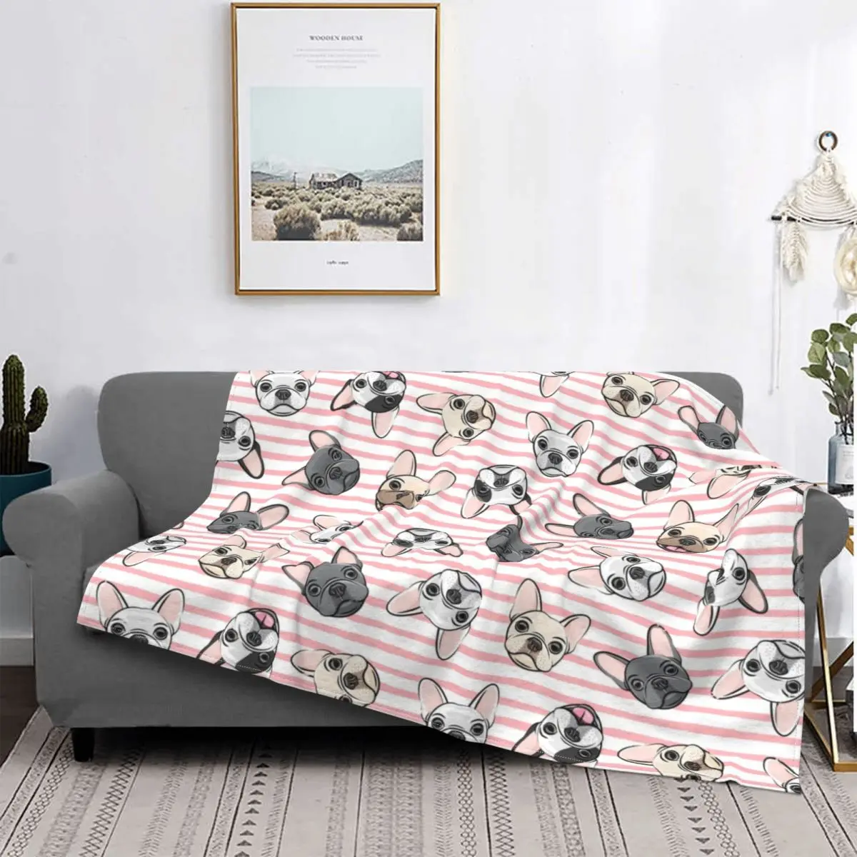 

All The Frenchies Pink Striped French Bulldog Dog Pattern Blanket Flannel All Season Soft Blanket for Bedding Car Cover