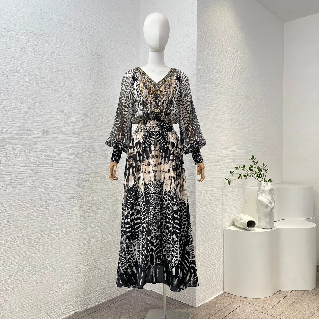 Spring Summer V-Neck Animal Leopard Print Long Sleeve Diamonds Midi Dress