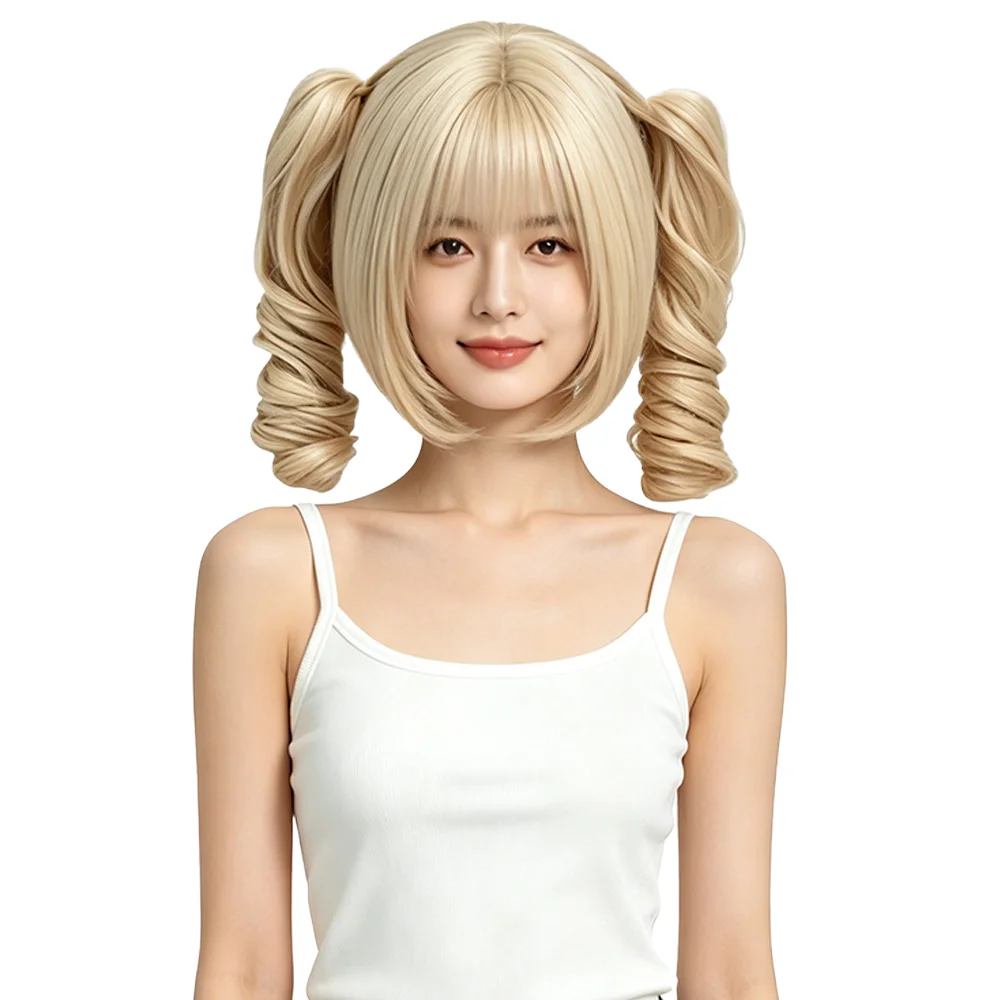 Premium Protein Silk Milk Blonde Wig Detachable Curly Pigtails Short Bob with Bangs Lolita Wig For Women Anime Cosplay Party