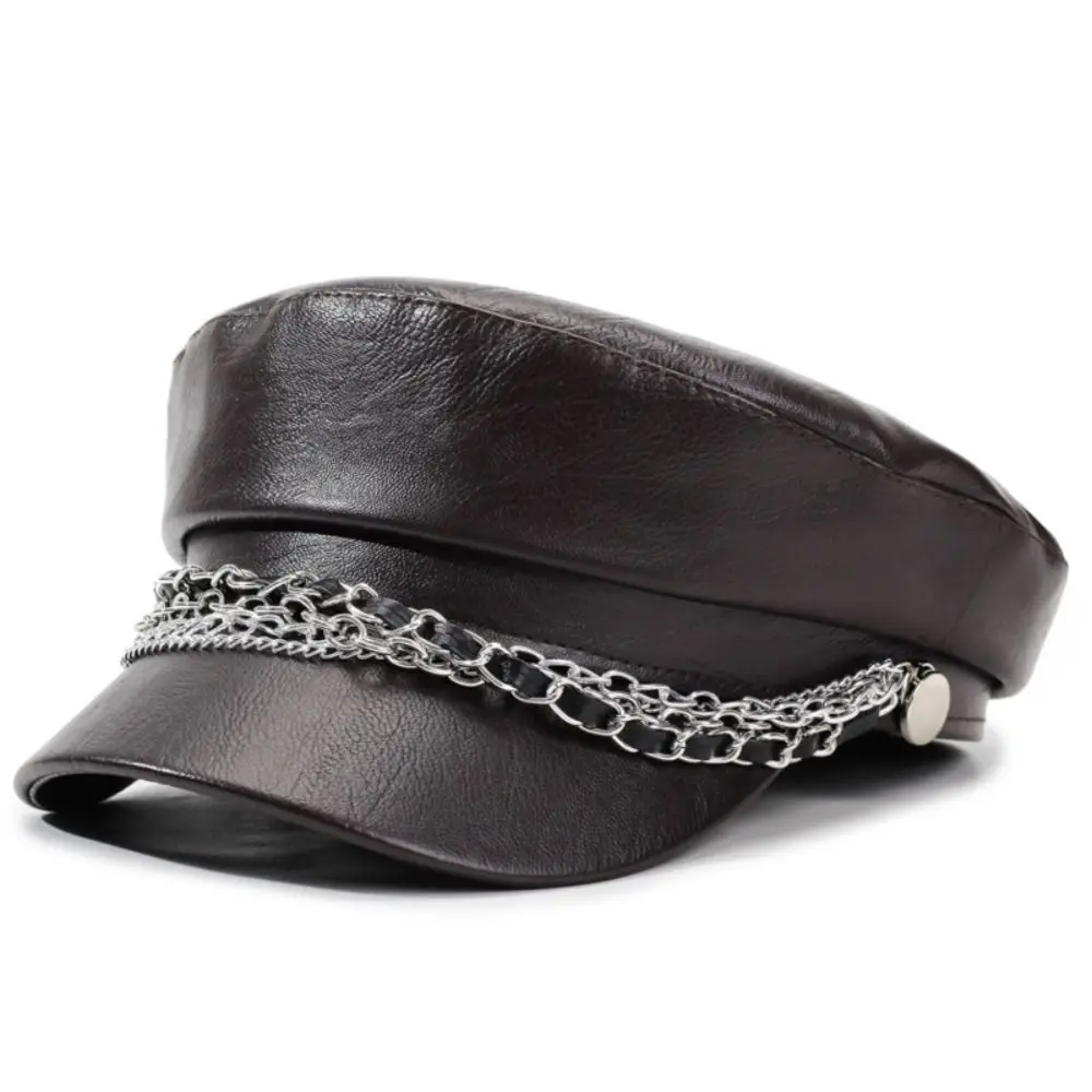 Retro PU Leather Newsboy Cap Adjustable Short Brim Peaked Hat Silver Chain Decor Casual Octagonal Beret Cap Autumn Winter