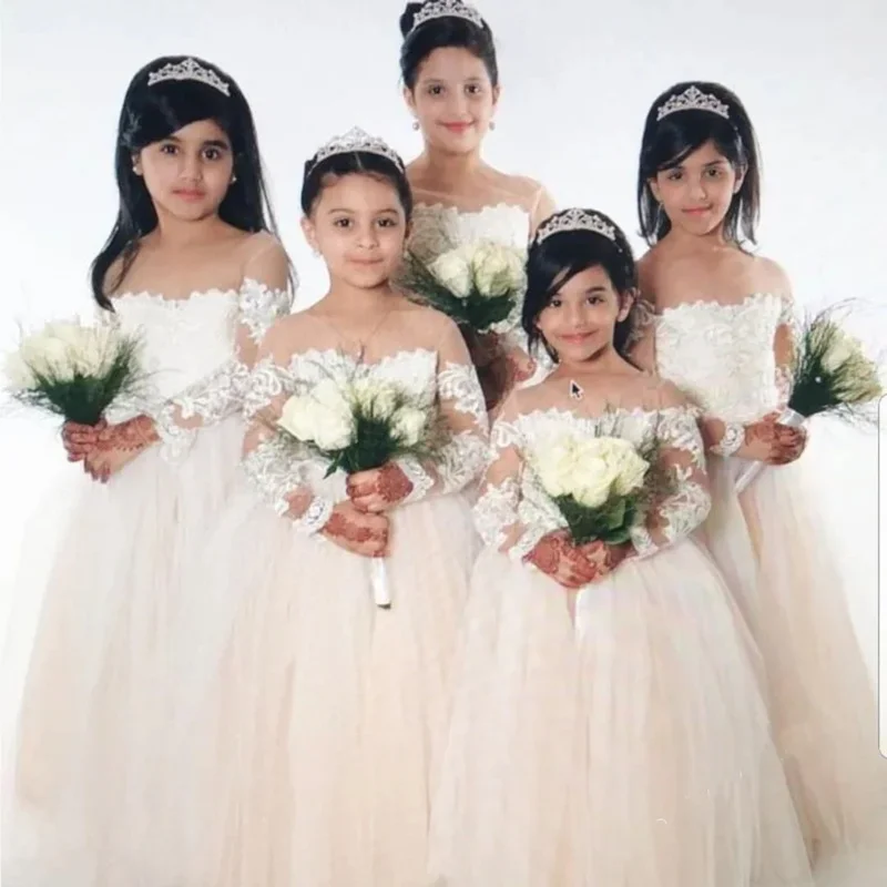 Babyonline long sleeve white ivory flower girl dresses for wedding guest child kids bridesmaid lace floral tulle skirt ball gown