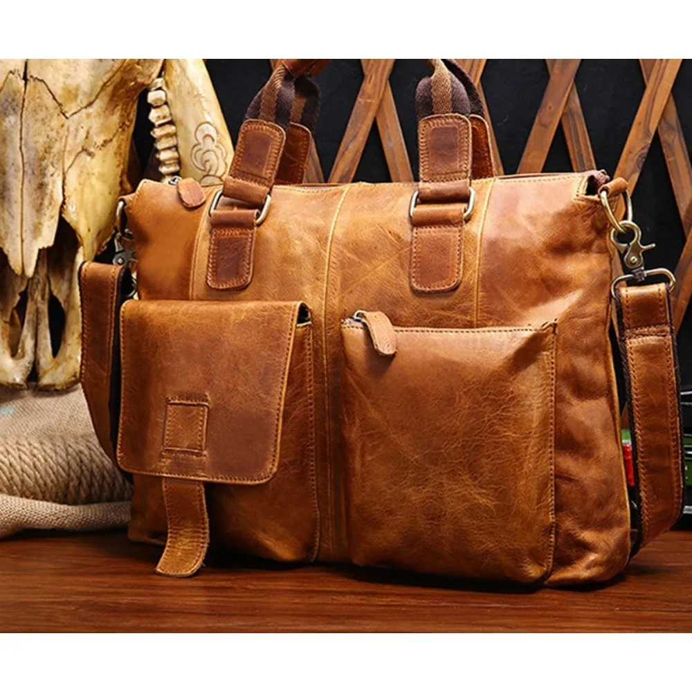 Leather Men's Premium Handbag Retro Shoulder Bag Versatile Fashion Business Computer Handheld Briefcase Versatile Simple High