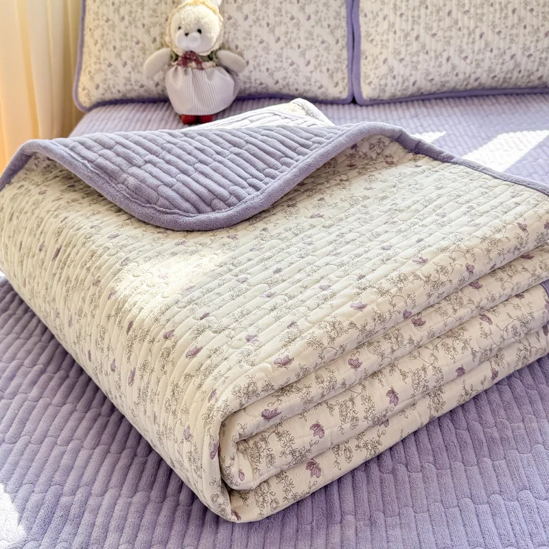 2025 new winter double-layer yarn milk fleece bed cover printed padded thickened bed sheet three-piece