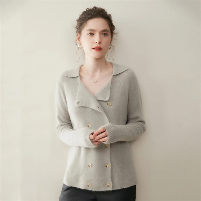 เสื้อสเวตเตอร์แคชเมียร์สำหรับผู้หญิง ฤดูใบไม้ร่วง ฤดูหนาว แบบกระดุมสองแถว ปกพับ คอปกแบบเรโทร ผลิตจากแคชเมียร์ 100% เสื้อถักสำหรับสุภาพสตรีทำงาน