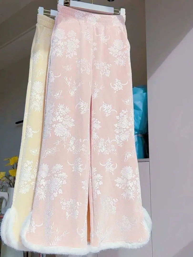 

plus Size Velvet Wide Leg Pants Women's Thickened Fleece Casual High Waist Trousers Chinese Style Floral Embroidery Elastic W...