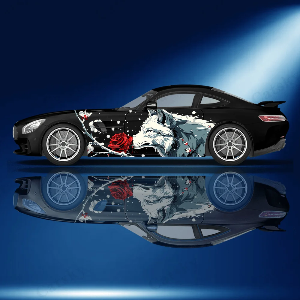 

Snowy white wolf with a red rose car sticker; full-body decal decoration covering scratches; waterproof car vinyl wraps