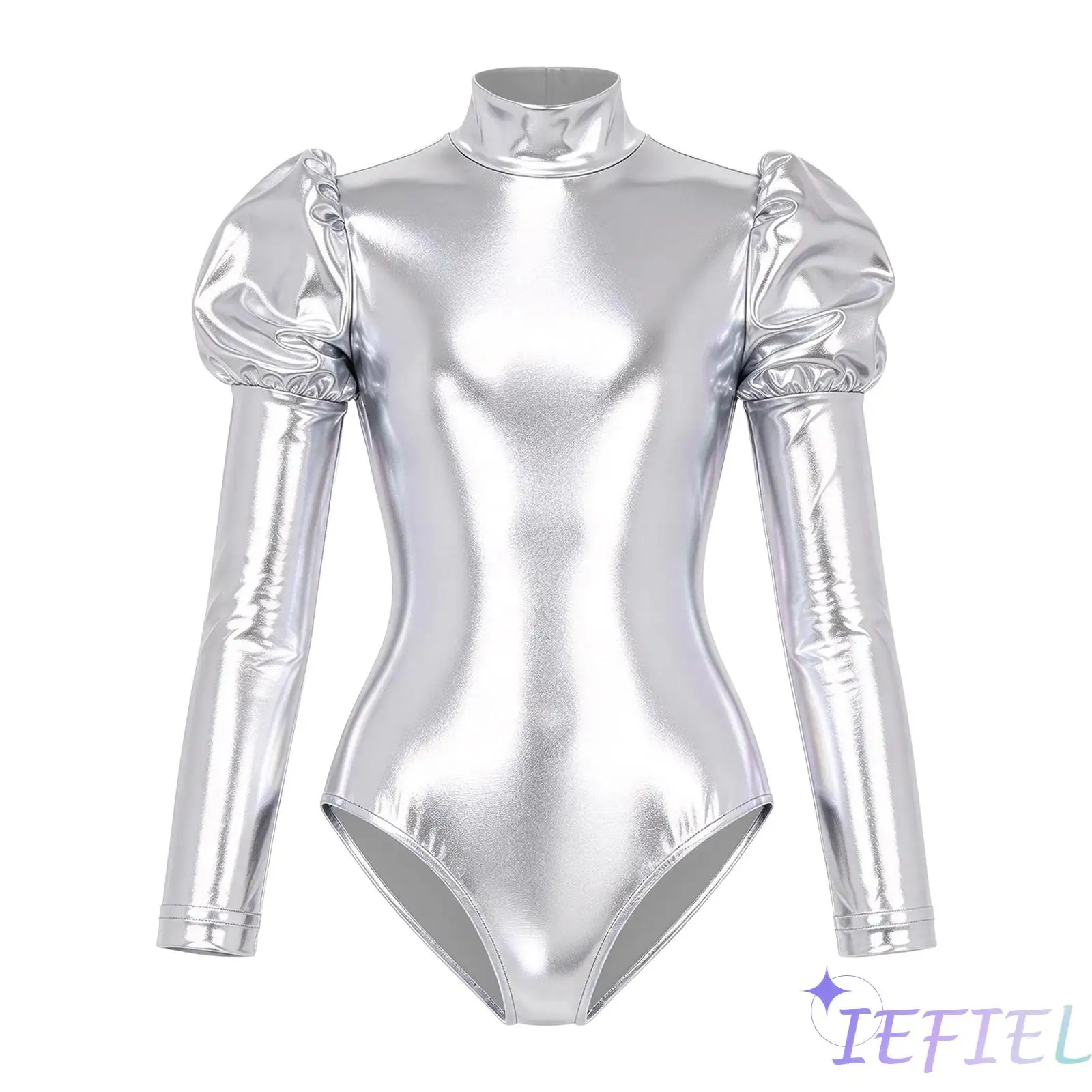Child Girls Gymnastics Ballet Leotard Puff Sleeves Metallic Mock Neck Back Invisible Zipper Bodysuit for Dance Alien Cosplay
