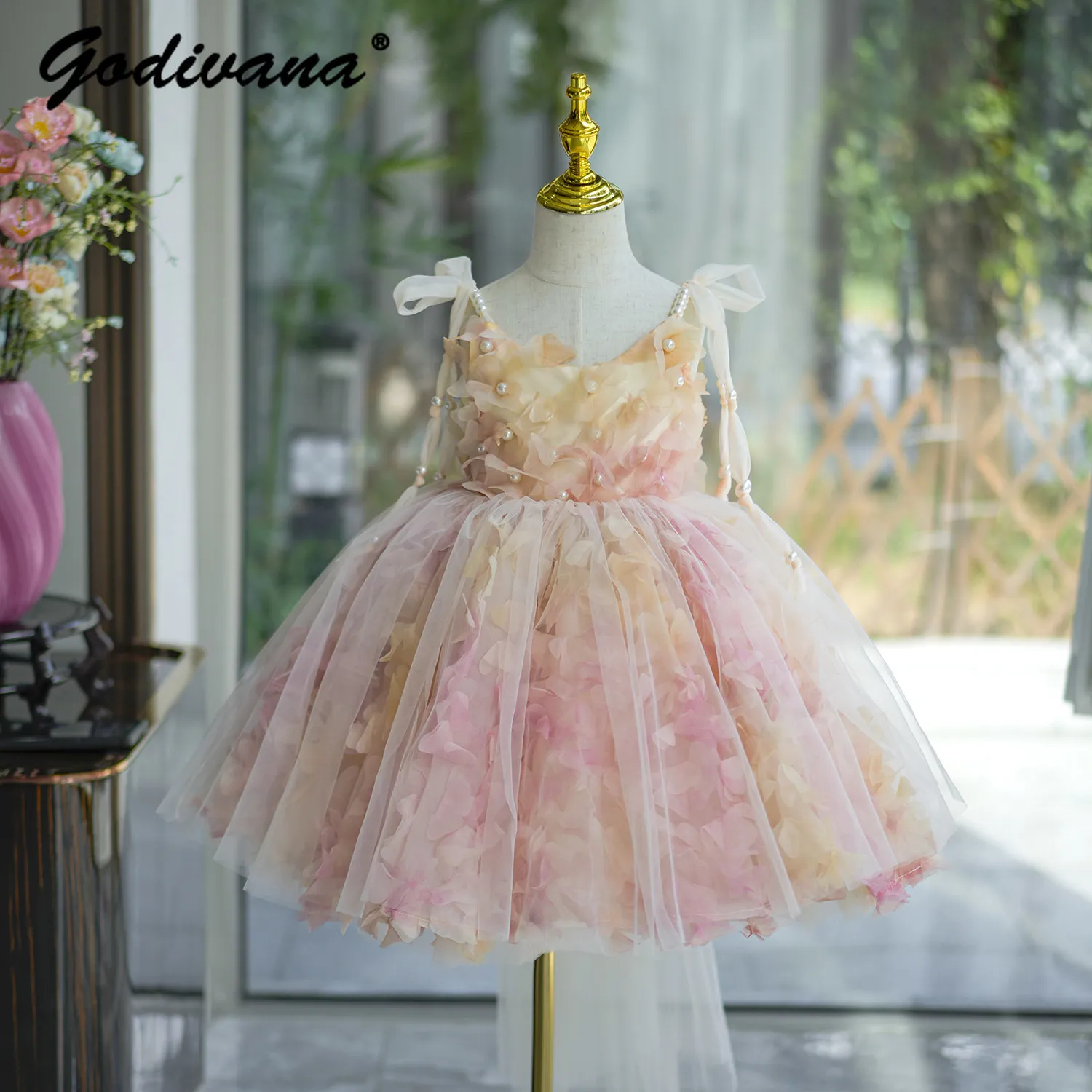 Sweet Girls Birthday Party Wedding Flower Girl Dresses Kids High End Heavy Pearls Tulle Floral Sleeveless Princess Ball Gown