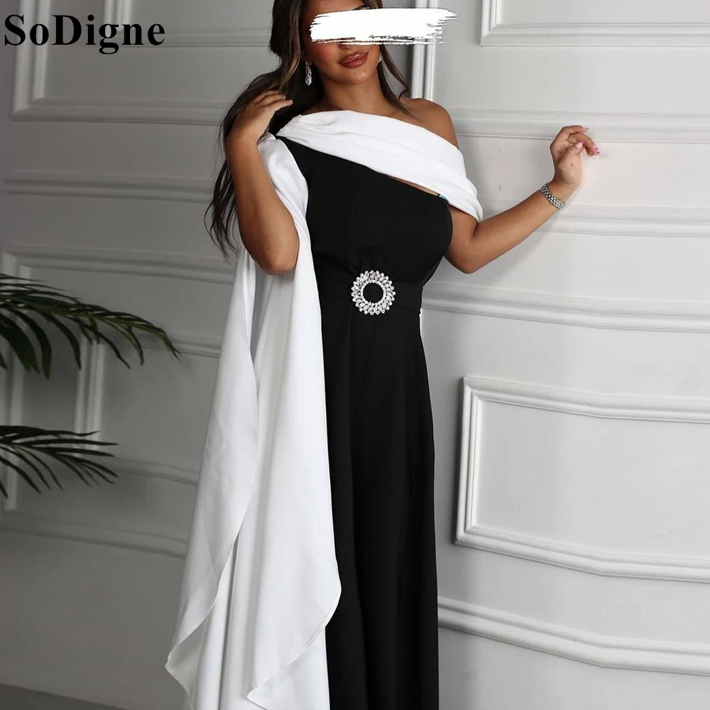 

SoDigne Black and White Satin Evening Dress Mermaid Crystal Off Shoulder Celebrity Dress 2024 Elegant Party Prom Gowns for Women